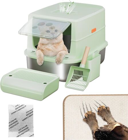 MIKK Enclosed Stainless Steel Cat Litter Box with Lid XL Extra Large Litter Box for Big Cats Enclosed Removable,Never Absorbs Odors, Sturdy Easy to Clean Non-Sticky Anti-Leakage with Cat Scratcher Mat in Saudi Arabia