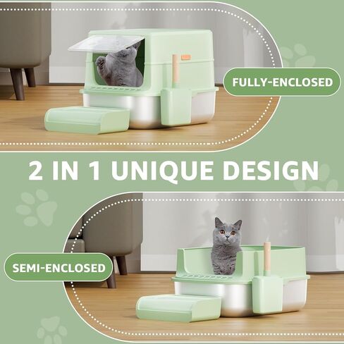 MIKK Enclosed Stainless Steel Cat Litter Box with Lid XL Extra Large Litter Box for Big Cats Enclosed Removable,Never Absorbs Odors, Sturdy Easy to Clean Non-Sticky Anti-Leakage with Cat Scratcher Mat in Saudi Arabia