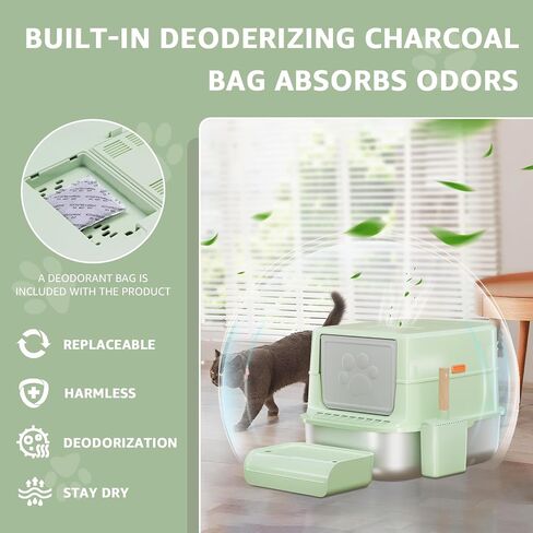 MIKK Enclosed Stainless Steel Cat Litter Box with Lid XL Extra Large Litter Box for Big Cats Enclosed Removable,Never Absorbs Odors, Sturdy Easy to Clean Non-Sticky Anti-Leakage with Cat Scratcher Mat in Saudi Arabia