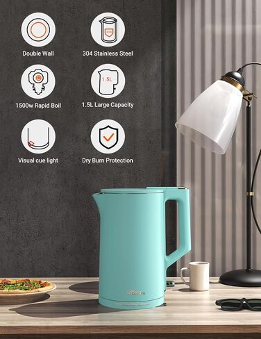 غلاية كهربائية، 304 من الفولاذ المقاوم للصدأ، خالية من مادة BPA، غلاية مياه ساخنة بجدار مزدوج سعة 1.5 لتر، غلاية شاي بقدرة 1500 وات مع إيقاف تلقائي وحماية من الغليان الجاف، قاعدة لاسلكية ومؤشر LED، أبيض in Kuwait