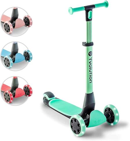 سكوتر Yvolution Kids Kick Scooter، سكوتر Glider Nua 3 عجلات، قابل للطي، عجلات مضاءة LED، مقود قابل للتعديل، للأولاد والبنات، مع ملحقات تخزين للأطفال من سن 3 إلى 10 سنوات in Kuwait