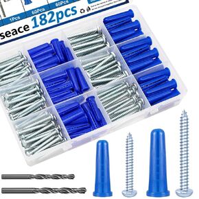 smseace 182PCS Concrete Anchors and Screws Kit, 90PCS Concrete Wall Anchors, 90PCS Self Tapping Concrete Screws and 2PCS Drill Bit Conical Concrete Wall Anchors and Screws
