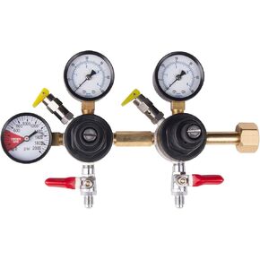 CMB Dual Body Beer Regulator, CO2 Regulator dual body, Commercial CO2 Regulator for dispensing beer and other beverages with two different pressures, includes swivel nuts, 5/16 barbs and 1/4" barbs