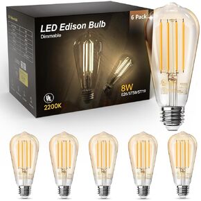 TJOY Edison Light Bulbs 60W Equivalent, Dimmable Vintage LED Light Bulbs, E26 Medium Base, Warm White 2700K, ST58, 8W, 800LM, 80+ CRI, Antique Decorative Filament LED Bulb, Clear Glass, 6 Pack