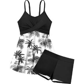Girls Swimsuits Criss Cross Tropical Print Dress Bathing Suits with Shorts 2 Piece Tankini for Teens