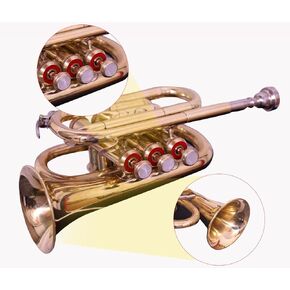 B-Flat Sound Pocket Trumpet Horn in Brass Finish with Mouthpiece & Carrying Hard Case, Practise Mute for Students & Advance Level, Perfect Cornet Gift For Birthday, Christmas (Gold)