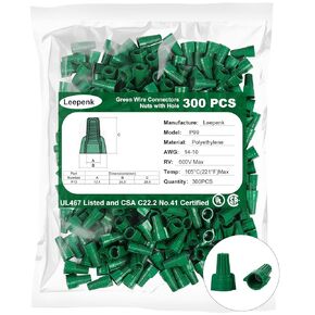 Leepenk 300PCS Green Wire Nuts with Hole, Winged Electrical Wire End Connectors Caps, Twist-On Easy Screw On Type Connectors,Nuts Cable Grounding Connectors Electrical Cap UL Listed,14-10 AWG