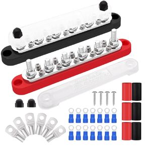 Dianrui Bus Bar 12V Power Distribution Block 250A Busbar 6 x 1/4" Studs 10 x #8 Screw Terminals for Marine, Automotive, and Solar Wiring (Pair, Red & Black)