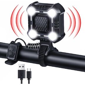 140dB Electric Bike Horn with Front Light, 2 in 1 Bicycle Horn 6 Sound Modes USB Rechargeable, Bike Bell with Large Range Floodlight Bike Horn for Adults Kids Bike Scooter Ebike, IPX6 Waterproof