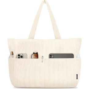 HOMESPON Large Corduroy Tote Bag for Women Everyday Shoulder Bag with Pockets and Zipper for Work Travel Vacation