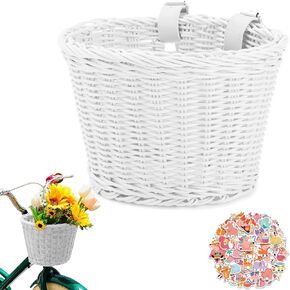 Women Men Bicycle Front Handlebar Bicycle Basket, Front Hand-Woven Bike Basket with Leather Belt