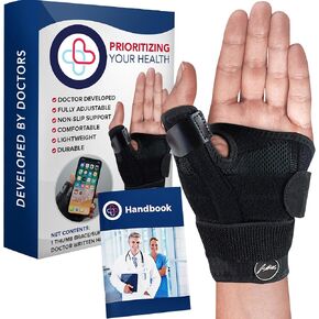 Doctor Developed Thumb Brace for Arthritis, Thumb Support for Men & Women, Trigger Thumb Spica Splint, Thumb Splint for Right Hand & Left- With Handbook (Black, Single)