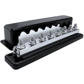 2 Pcs 600 A High Current Copper Bus Bar 300V AC / 48V DC 8 Way 3/8 inch (M10) Studs 8#8-32 Screws Electrical Terminal Ground Distribution Block Battery Buss Bars with Cover (Red & Black)