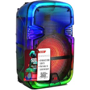 QFX 8" Portable Rechargable Bluetooth PA Karaoke Loud Party Speaker up to 5 Hour Playtime | Bluetooth 5.3, TWS, USB Port, TF, AUX, FM Radio, 360 Degree Translucent Motion Party Lights | TMS-853