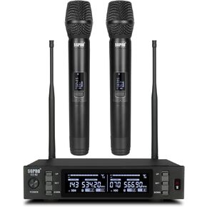 Dual Wireless Microphone System - Metal Handheld Mics & Receiver, Adjustable UHF Channels 520-590 MHz Range, Antenna Diversity, Ideal for Professional Audio and Events