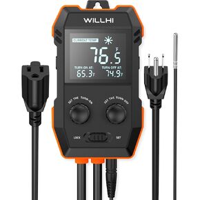 WH2408 Temperature Controller 10A 1200W, Digital Thermostat Controlled Outlet Plug Switch for Reptile Greenhouse Homebrew Aquarium Seedling Mat, Heating/Cooling Mode Thermometer Controller