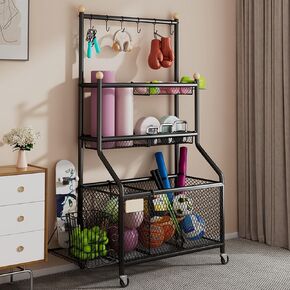 Sports Equipment Organizer, Garage Ball Storage Rack, Adjustable Garage Organizer, Rolling Garage Toy Organizer with Hooks and Baskets, Sports Ball Storage Cart for Gyms, Playgrounds