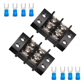 MILAPEAK Terminal Block - 2 Pack 2 Positions 200v-450v 20-30A Dual Row Screw Terminals Strip + 8 PCS Copper Wire Fork Connectors