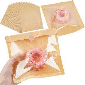 Ocmoiy 100ct Heat-Sealable Bakery Bags with Window for Egg Sandwich, Donut, Cookies Packaging, 7.1x7.5 Inches Clear Front Paper Treat bags To go, Grease-Resistant (100)