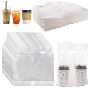 200 Pack Drinking Bags, 2 Cups Drink Carriers for Delivery, 12" L x 11" H Disposable Clear Plastic Packaging Poly Cup Bags with Handle for Delivery Take Out Beverage Coffee Juice Stores