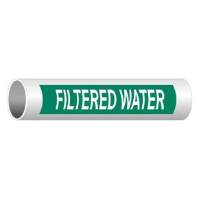 ComplianceSigns.com Filtered Water (White Legend On Green Background) ASME A13.1 Pipe Label Decal, 8x2 inch 5-Pack Vinyl for Pipe Markers