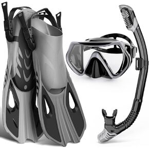 Mask Fin Snorkel Set, Snorkeling Gear for Adults with Panoramic View Mask, Dry Top Snorkel, Adjustable Swim Fins and Travel Bag, Man Woman Snorkel Gear for Swimming Snorkeling Diving