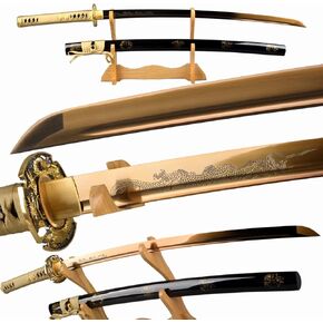 Handmade Gold Blade Japanese Samurai Sword Hand Etching engrave Gold Dragon Katana Full Tang Sharp Can Cut Bamboo Trees (Gold Dragon Katana)