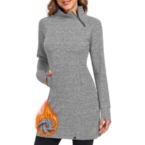 Soneven Women's Fleece Running Dress Tunic Sweatshirt Dress 1/4 Zip Mock Neck Winter Dress with Thumb Holes and Pockets