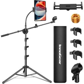 InnoGear Mic Stand, 6 in 1 Microphone Stand Floor with Tablet Phone Holder Height Adjustable from 30" to 72" Mic Stand Tripod Boom Arm with Gooseneck Carrying Bag for Singing Karaoke Stage