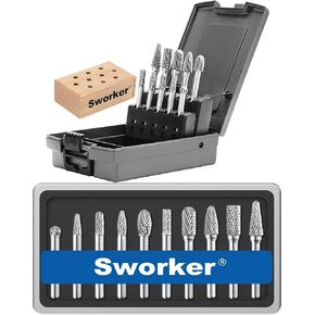 10 Pcs Carbide Burr Set 1/4 Shank w/Beech Holder and Case Die Grinder Grinding Drill Bits for Metal Wood Stone Weld Deburring Rotary Tool Attachment Accessories Rasp Compatible with Milwaukee DeWALT
