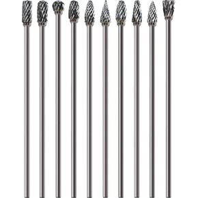 10 Pcs 1/8" Long Shaft Tungsten Carbide Burrs Set Kit Bits 4.5" Long Shank Compatible w/Dremel Cut Port Cast Iron Steel Aluminum Cylinder Head Engine Intake Exhaust Manifold Tight Hard-to-Reach Area