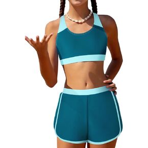 Girls Bikini 3PCS Swim Sets Color Block Crop Top Briefs with Shorts for 7-16 Years
