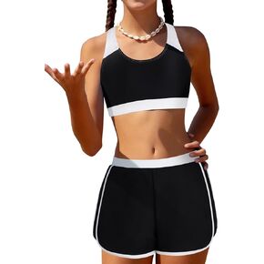 Girls Bikini 3PCS Swim Sets Color Block Crop Top Briefs with Shorts for 7-16 Years in Kuwait