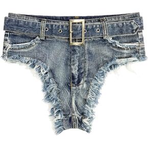 Womens Nightclub Denim Shorts High Cut Thong Raw Edge Hem Booty Sexy Jean Short with Belt