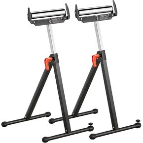 VEVOR 2-Pack Stands 250 lbs Load Capacity, 27-43 in Adjustable Height, Folding Heavy Duty with Polished Steel Roller Head & Edge Guides, for Table Saw Outfeed Woodworking Extension Support, Black