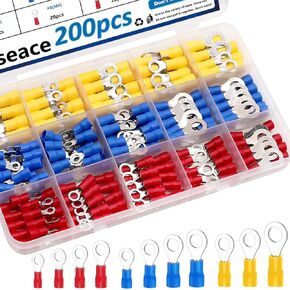 smseace 250Pcs #8(M4) 22-16/16-14/12-10AWG Ring terminals Insulated Ring Connects Electrical Wire Crimp Ring Connectors Terminal
