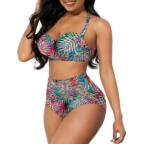 Women's Two Pieces Bikini Sets Halter Top with Swimsuit Bottom High Waisted Bathing Suit Tummy Control Swimwear