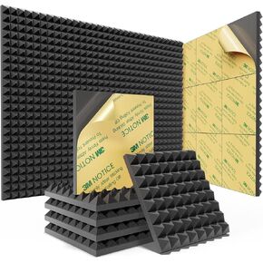 Sonicism 12 Pack Pyramid Sound Proof Foam Panels with Self-Adhesive, 12" X 12" X 2" Acoustic Foam Panels of High Density, Soundproof Wall Panels Fast Expand, Sound Absorption and Decoration (Black)