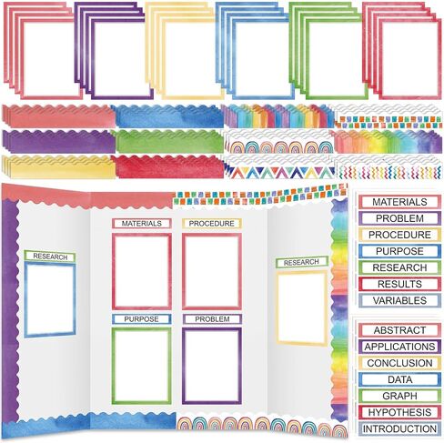 90 Pcs Science Fair Board Supplies 60 Trim Scalloped Bulletin Board Borders 24 Presentation Board Subtitles 6 Science Fair Titles for Classroom Display Boards (Rainbow) in Saudi Arabia