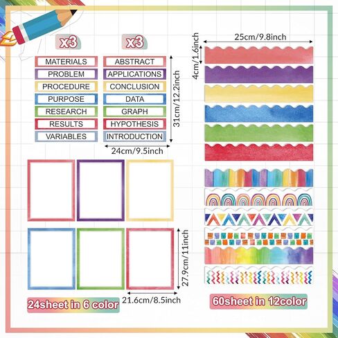 90 Pcs Science Fair Board Supplies 60 Trim Scalloped Bulletin Board Borders 24 Presentation Board Subtitles 6 Science Fair Titles for Classroom Display Boards (Rainbow) in Saudi Arabia