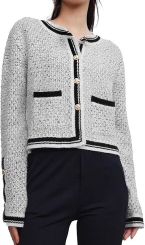 Women's Casual Cardigans Open Front Contrast Trim Short Button Long Sleeved Cropped Sweater Outwear in Kuwait