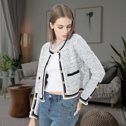 Women's Casual Cardigans Open Front Contrast Trim Short Button Long Sleeved Cropped Sweater Outwear in Kuwait