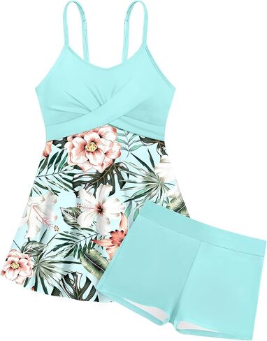 ملابس سباحة للفتيات فستان بطباعة استوائية متقاطعة مع شورت قطعتين تانكيني للمراهقين in Kuwait