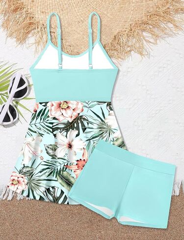 ملابس سباحة للفتيات فستان بطباعة استوائية متقاطعة مع شورت قطعتين تانكيني للمراهقين in Kuwait