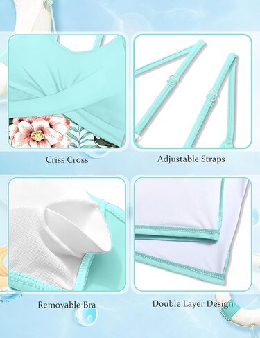 ملابس سباحة للفتيات فستان بطباعة استوائية متقاطعة مع شورت قطعتين تانكيني للمراهقين in Kuwait