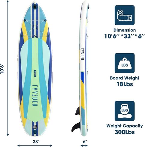 لوح تجديف قابل للنفخ، مقاس 10'6×33×6" للكبار، خفيف الوزن بوزن 18 رطل مع حامل كاميرا رياضية، سلسلة كاحل ملفوفة، مضخة مزدوجة الحركة، مجداف عائم، حقيبة ظهر in Saudi Arabia