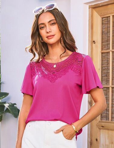 قمصان نسائية صيفية من GRACE KARIN بأكمام مكشكشة 2025 عصرية من الدانتيل مُزينة بالزهور ورقبة دائرية مضلعة تي شيرت بلوزات غير رسمية أنيقة in Kuwait