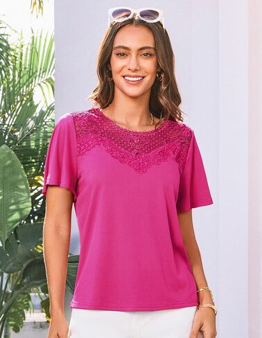 قمصان نسائية صيفية من GRACE KARIN بأكمام مكشكشة 2025 عصرية من الدانتيل مُزينة بالزهور ورقبة دائرية مضلعة تي شيرت بلوزات غير رسمية أنيقة in Kuwait