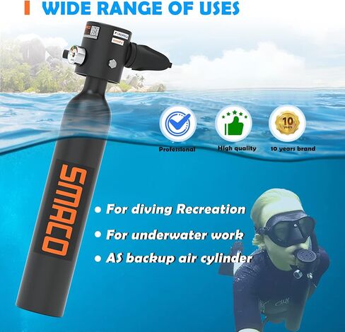 SMACO Mini Scuba Tank 0.5L خزان غوص سكوبا محمول يدعم حوالي 6 دقائق للتنفس تحت الماء، أسطوانة غوص بسعة 0.5 لتر 3000 رطل لكل بوصة مربعة/200 بار أقصى ضغط للغوص بعمق 33 قدمًا in Saudi Arabia