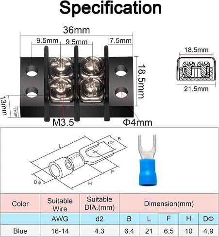 MILAPEAK Terminal Block - 2 Pack 2 Positions 200v-450v 20-30A Dual Row Screw Terminals Strip + 8 PCS Copper Wire Fork Connectors in Saudi Arabia